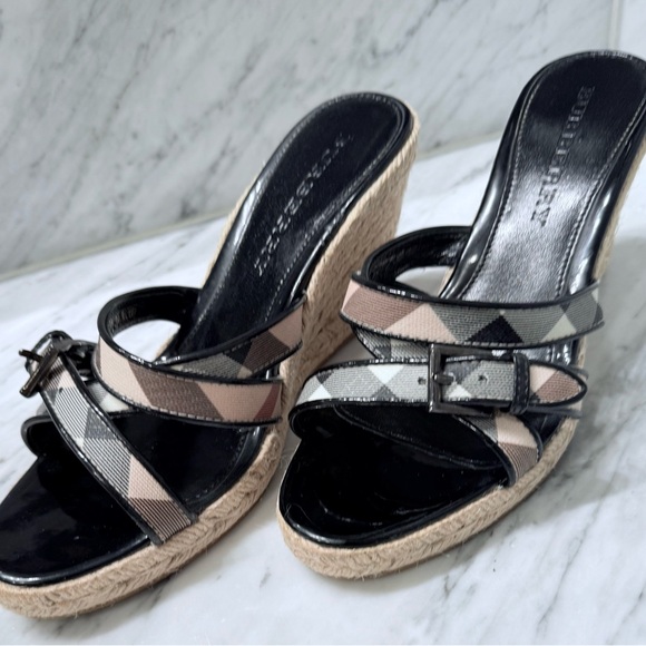 Burberry Checkered Black and Tan Wedges - Picture 1 of 5